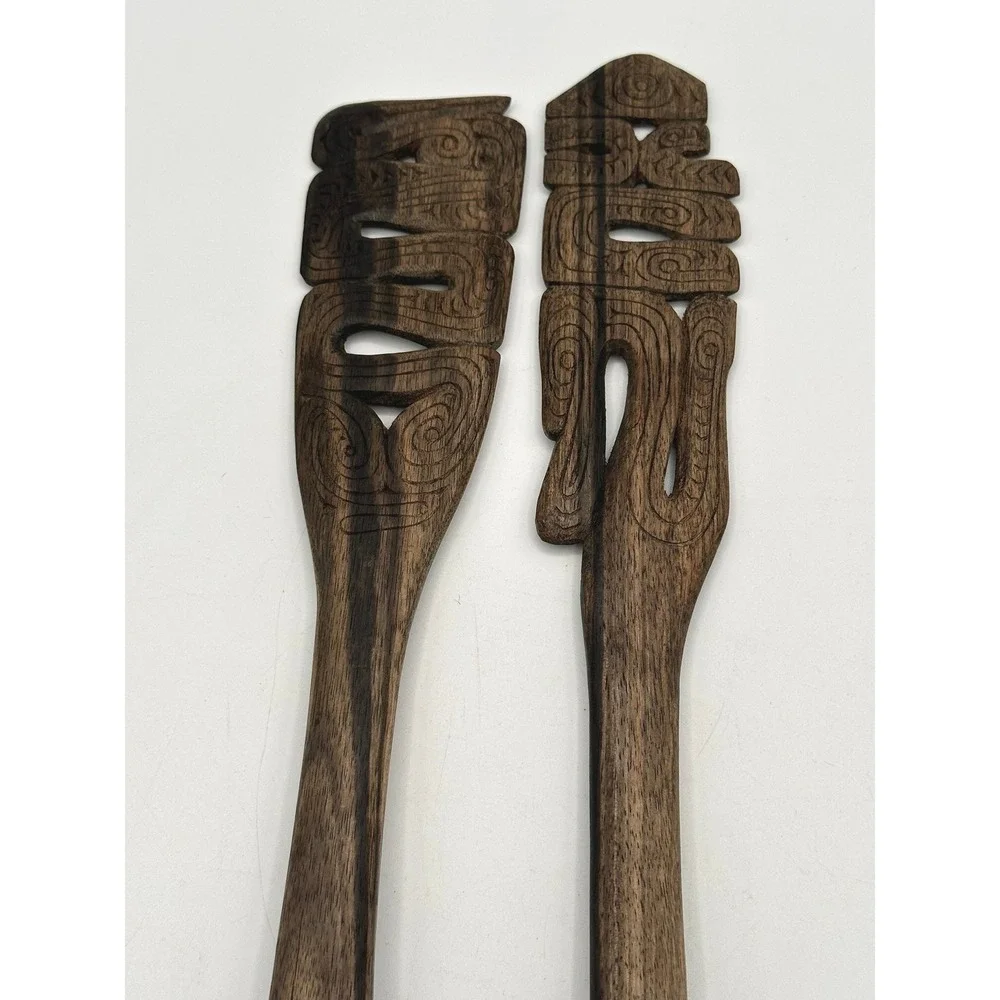 Vintage Teak Wooden Serving Utensils Hand Carved Tribal Salad Fork Spoon Set